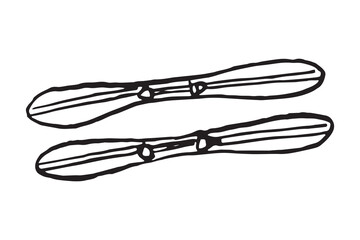 Fototapeta premium Pair of hand-drawn skis with visible bindings, bold black outline doodle style. Winter sport illustration for ski season and holiday design.