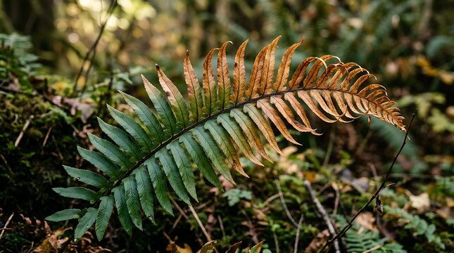 A single fern leaf transitioning from green to brown in an autumn forest environment
