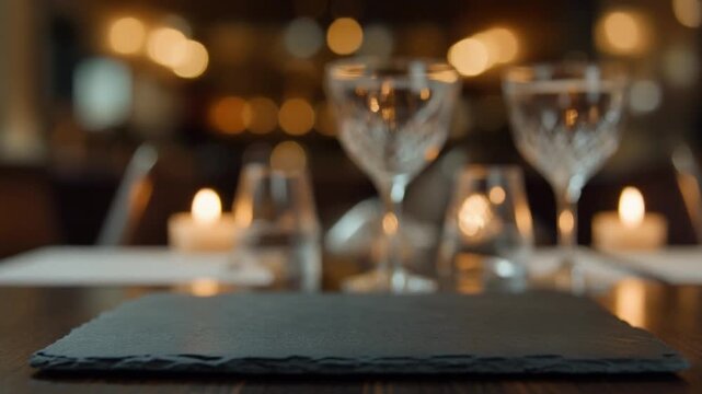 Elegant Restaurant Table Setting with Empty Slate for Product Display and Romantic Ambiance