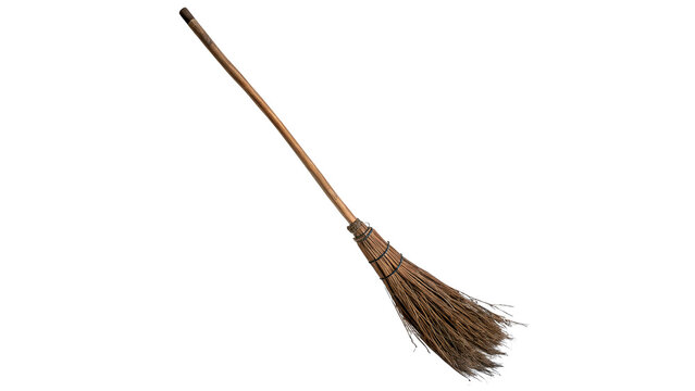 Traditional rustic wooden twig broom sweeping tool isolated on transparent background.