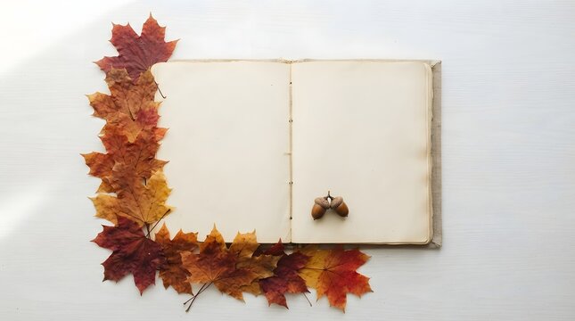 Open vintage notebook with blank pages decorated with autumn maple leaves and acorns isolated on white background