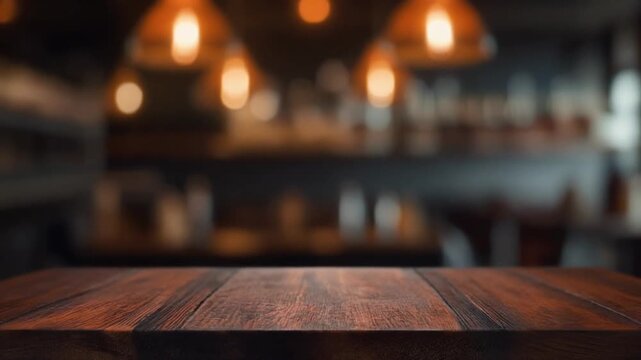 Empty Wooden Table Surface with Blurred Cozy Restaurant Bar Interior and Warm Pendant Lights Background for Product Display Mockup