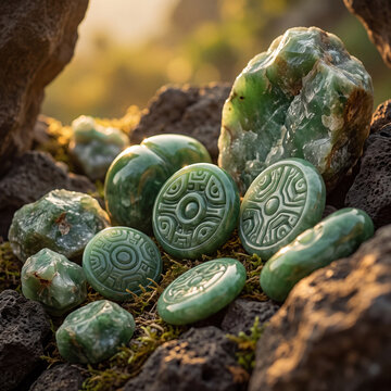 Ancient Jade Carvings and Stones in Natural Setting.