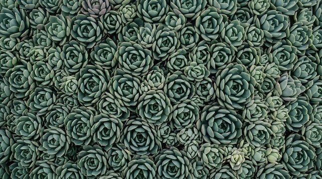 Full frame top view of dense green rosette succulent plants growing together in a garden