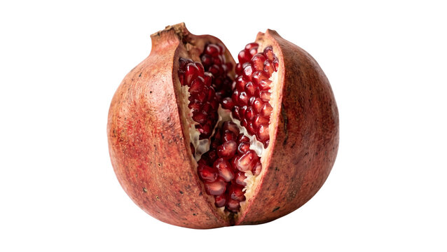Broken ripe pomegranate fruit revealing juicy red arils inside textured leathery skin suitable for gourmet health cooking, isolated on transparent background