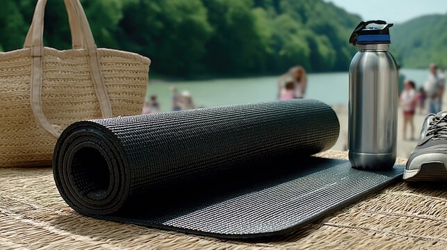 A yoga mat rests on a natural surface beside a clear stream, framed by vibrant plants and flowers, perfect for a serene outdoor practice