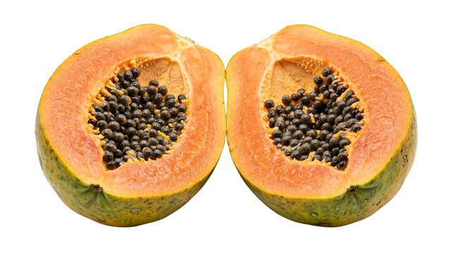 Fresh papaya fruit halved featuring bright orange flesh with dark seeds designed for culinary healthy diet projects, isolated on transparent background