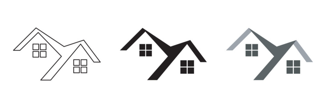 Set of three house roof icons with windows, minimalist real estate logo design elements, vector illustration