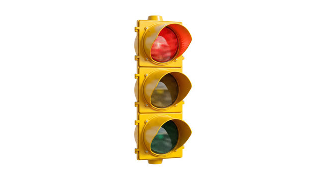 Vertical yellow traffic light housing showing red signal lamp with protective circular visors for road safety, isolated on transparent background