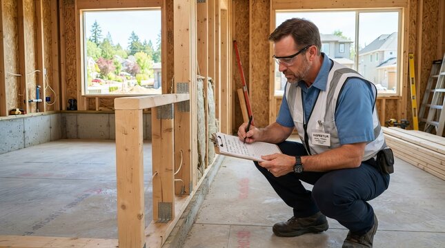Building Inspection Professional Conducting Detailed Investigation of Residential House Framing