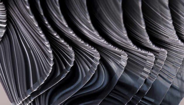 Abstract wavy black metal sculpture with reflective curved surfaces