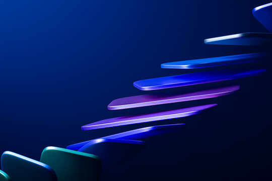 Abstract blue and purple glossy curved shapes floating