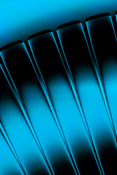 Abstract curved blue glass panels with reflective texture