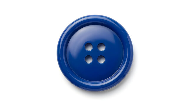 Close-up of a bright blue button with four holes isolated on white background