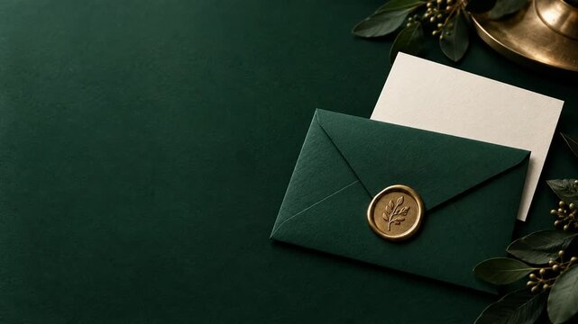 Emerald Invitation Envelope with Moving Gold Wax Seal Light