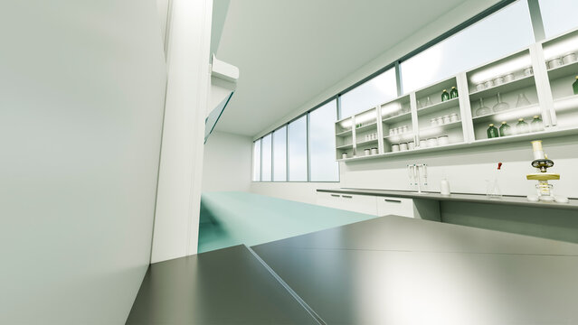 Modern laboratory interior with microscope and glassware on clean