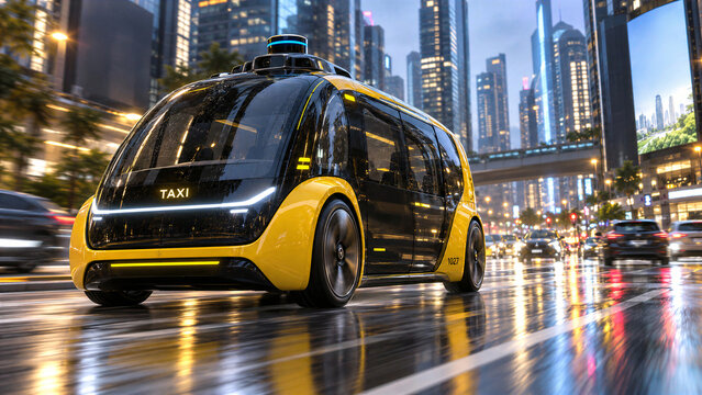 Autonomous yellow robotaxi driving on wet city street at night