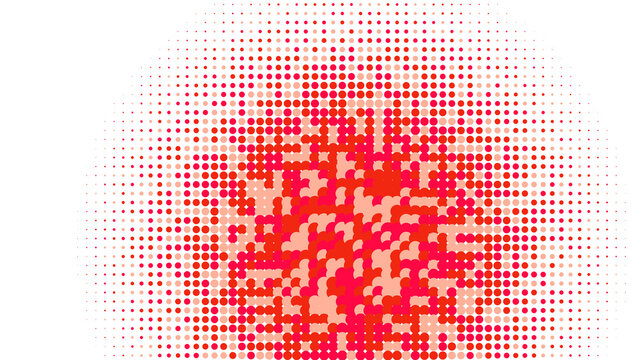 Red and light pink dots clustered in a circular formation on a black background, creating a vibrant and energetic textured