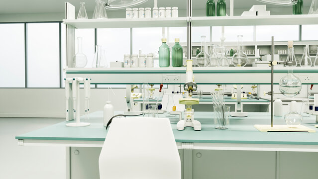 Laboratory workspace with microscope and glassware on clean benches