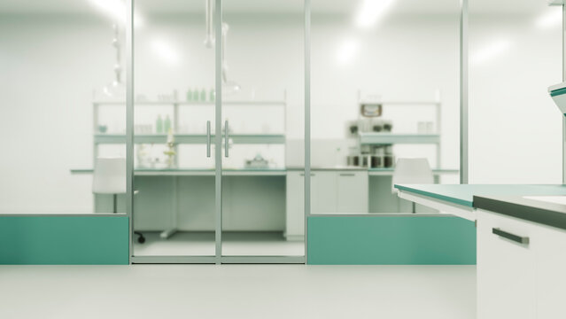 Laboratory workspace with glass doors and scientific equipment