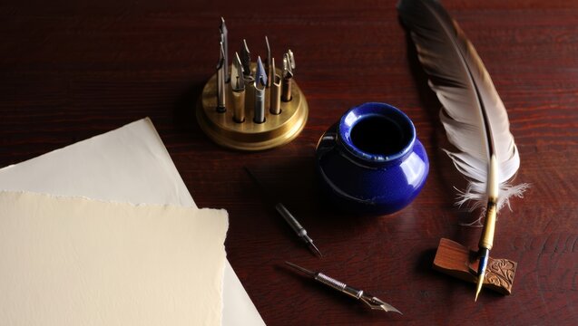 Vintage Writing Tools on a Wooden Desk