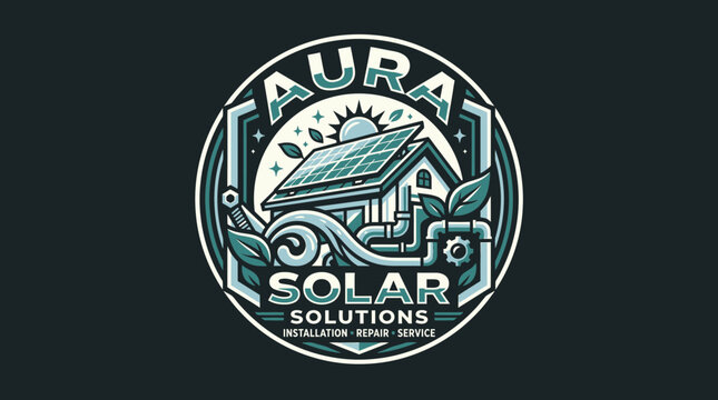 Aura Solar Solutions Logo: House with Solar Panels, Sun, Leaves, Pipes