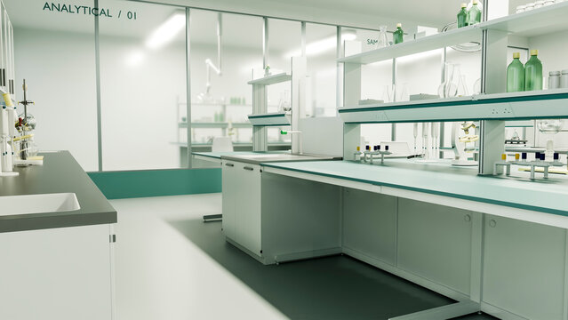 Laboratory interior with scientific instruments and glassware