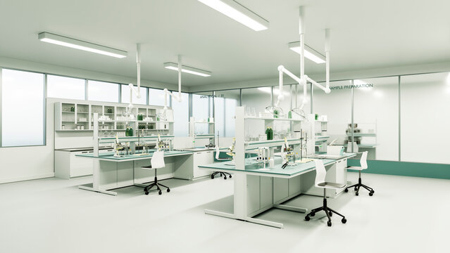 Modern scientific laboratory with microscopes and glassware setup