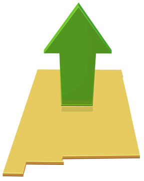 3D illustration symbolizing economic growth, regional progress, and success in New Mexico, featuring an upward pointing green arrow on the state territory map (cut out)