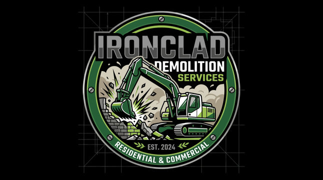 Excavator Demolishing Building, Demolition Services Logo