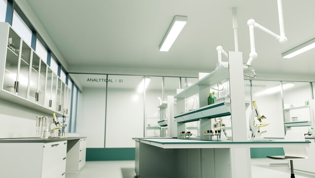Laboratory interior with microscope and analytical research equipment