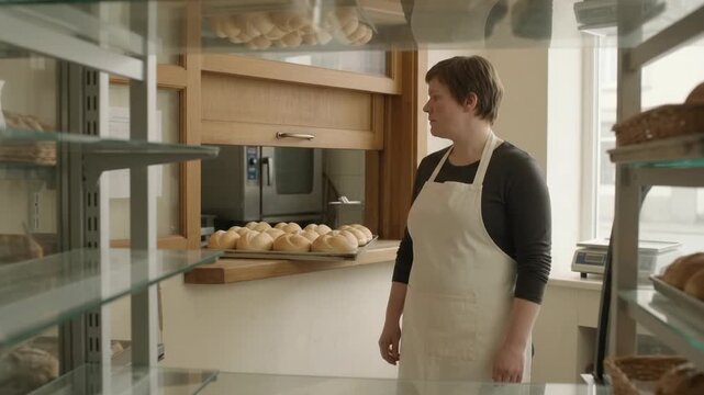 Female Baker Looking At Bread Rolls In Kitchen Hatch