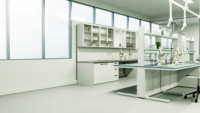 Scientific laboratory interior with microscopes and chemical glassware