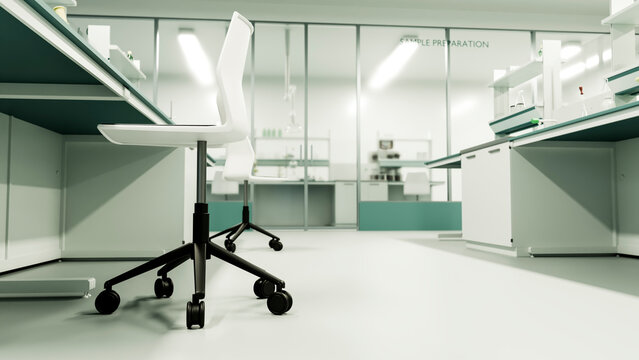 Modern laboratory interior with white rolling chairs, workstations
