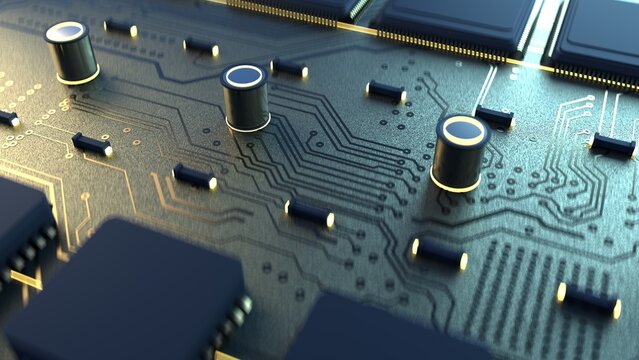 A detailed close-up of a circuit board populated with capacitors, chips and traces, illuminated by soft light to emphasize texture, precision and the high-tech concepts of electronics.