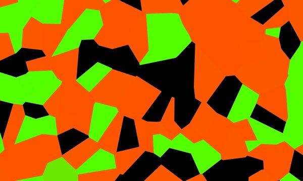 Seamless abstract polygonal camouflage pattern featuring geometric low-poly fragments in bright orange, neon green, and black.