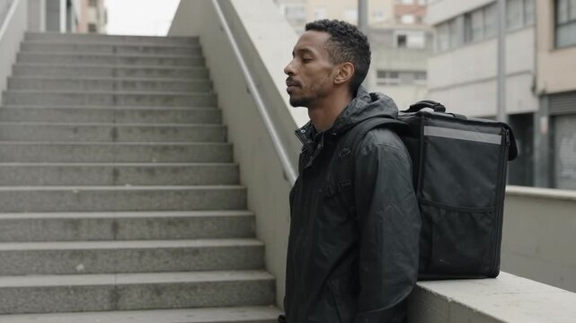 Delivery Courier With Backpack Resting Near Concrete Stairs