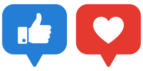 Social media thumbs up and heart notification pins on transparent b. © Nisar