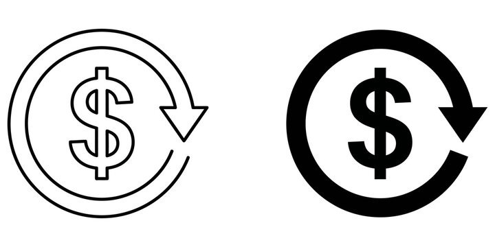 Dollar currency refund circle arrow vector icons in outline and black.
