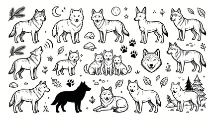 Fototapeta premium Collection of Hand-Drawn Wolf Illustrations in Various Poses and Styles.