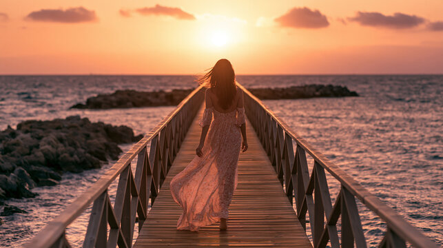 romantic summer stroll along a seaside jetty at sunset, elegant woman walking along a jetty overlooking the sea at sunset, dreamy coastal evening with woman in summer dress walking by the ocean