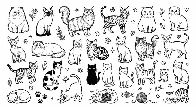 Diverse Collection of Hand-Drawn Cats in Various Poses and Breeds.