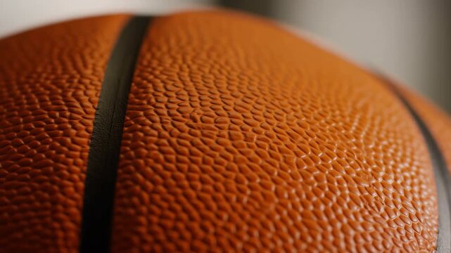 Basketball fills the frame in an extreme close-up, revealing its textured surface indoors. Sports advertising, basketball training materials, and athletic equipment promotion.