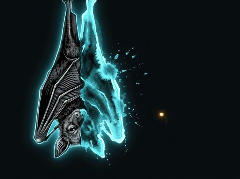 Glowing bat illustration with cyan splash on black