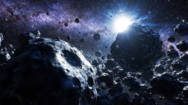 Massive rocky asteroids drifting through dark deep space with a radiant glowing star and cosmic nebula