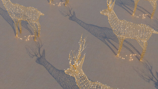 Decorative wireframe reindeer sculptures with holiday lights casting