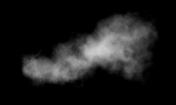 Wispy white smoke cloud isolated on a deep black background captured with soft focus and ethereal textures for high quality creative digital composite art designs