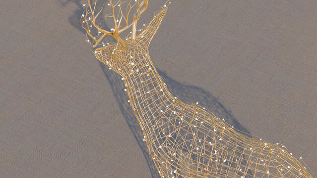 Wireframe deer sculpture featuring decorative lighting and cast shadow