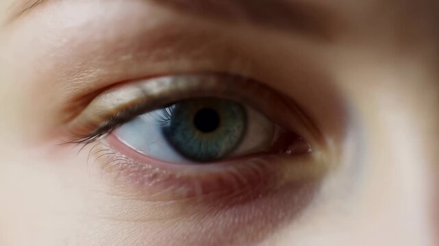 Extreme close-up of a green human eye blinking against softly blurred facial skin. Eye care advertising, optometry services, and healthcare campaigns.