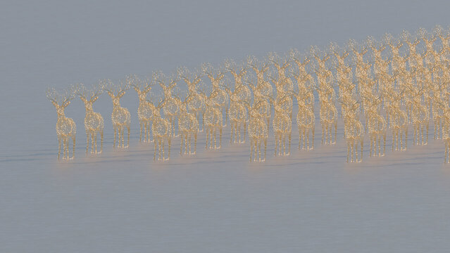 Group of illuminated reindeer wireframe sculptures in winter display